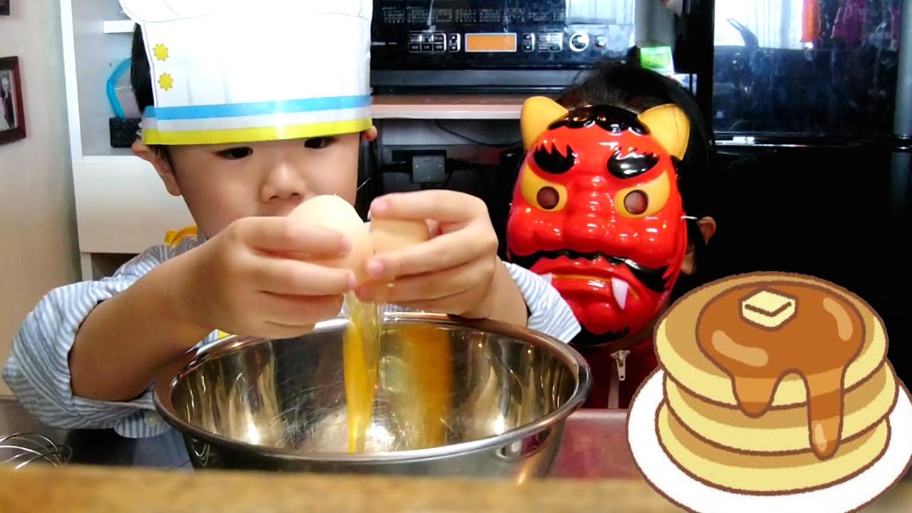 プーさん　たこ焼きホットケーキ　おままごと遊び 赤鬼と料理】ホットケーキをつくる！赤鬼のお手伝い「ごっこ