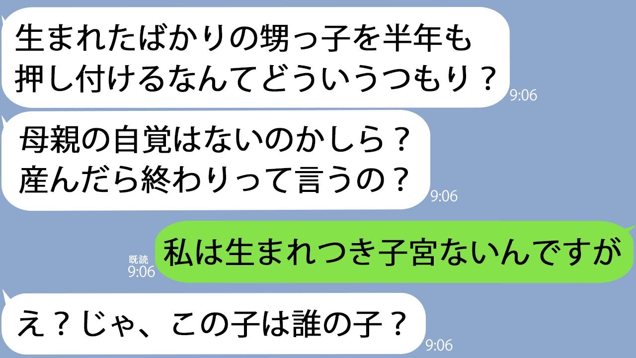 【LINE】生まれつき子宮がない私にブチギレる義妹「赤ちゃん押し付けて半年も何してるの⁉︎」→送られてきた写真は夫にそっくりで…