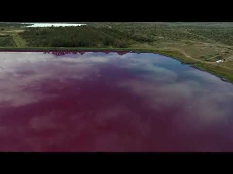 El dron captó el viernes 1/10/21 el estado de la "laguna rosa" de Trelew, que ahora está "púrpura"