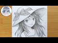 How to draw Anime girl with hat - step by step  || Manga Girl Pencil Sketch
