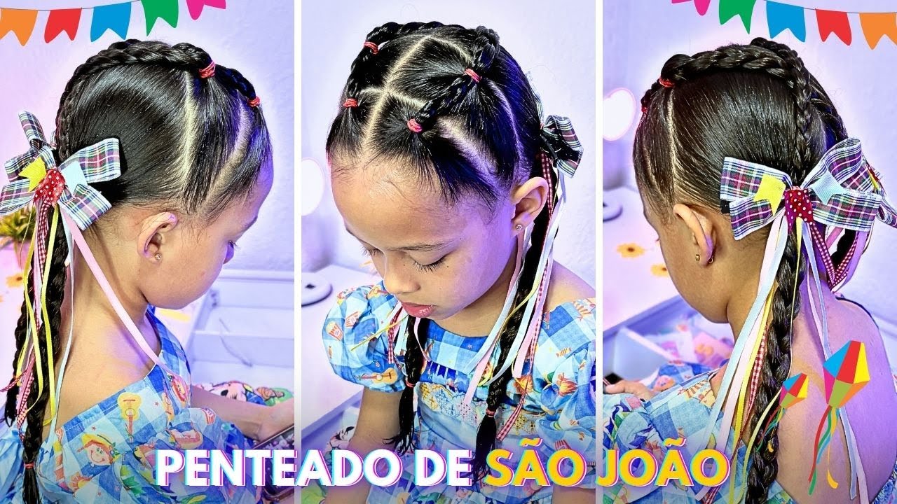 🌽 PENTEADO DE SÃO JOÃO LINDO E FÁCIL / penteado infantil com tranças ...