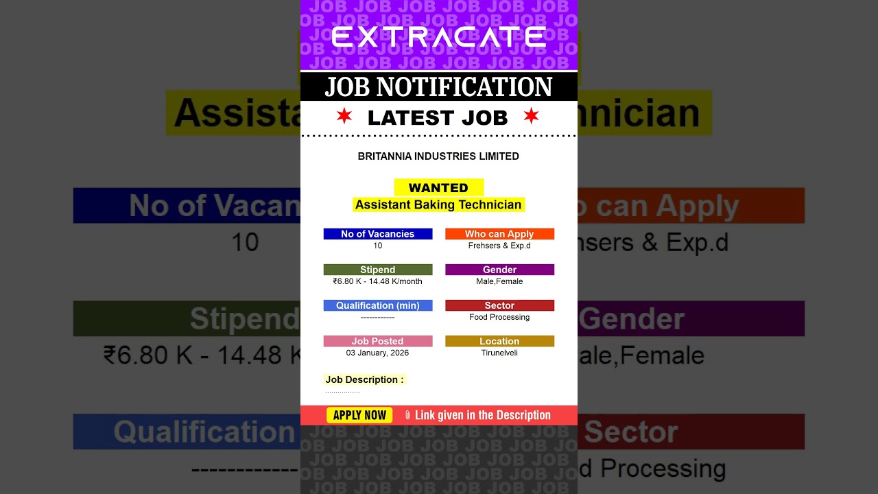 BRITANNIA INDUSTRIES LTD Job For Freshers | Assistant Technician | Career 2026 | Job Vacancy Shorts