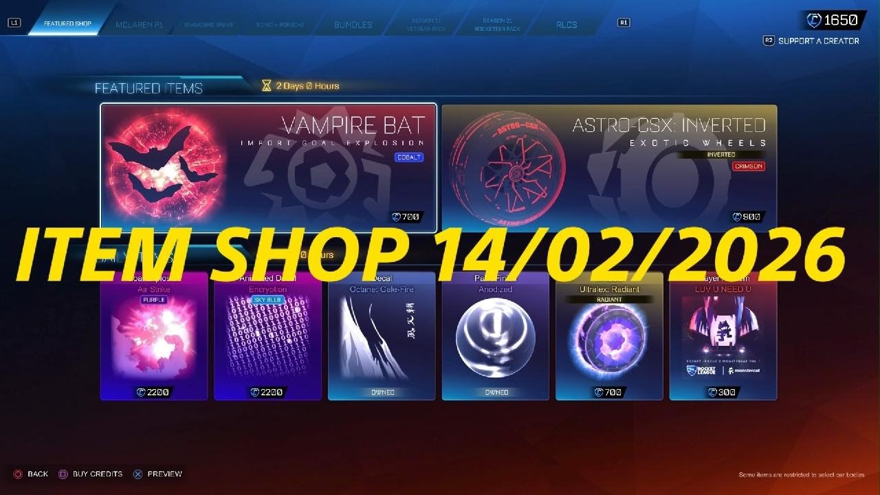 Rocket League ITEM SHOP 14/02/2026 - ANODIZED & COBALT VAMPIRE BAT & PURPLE AIR STRIKE