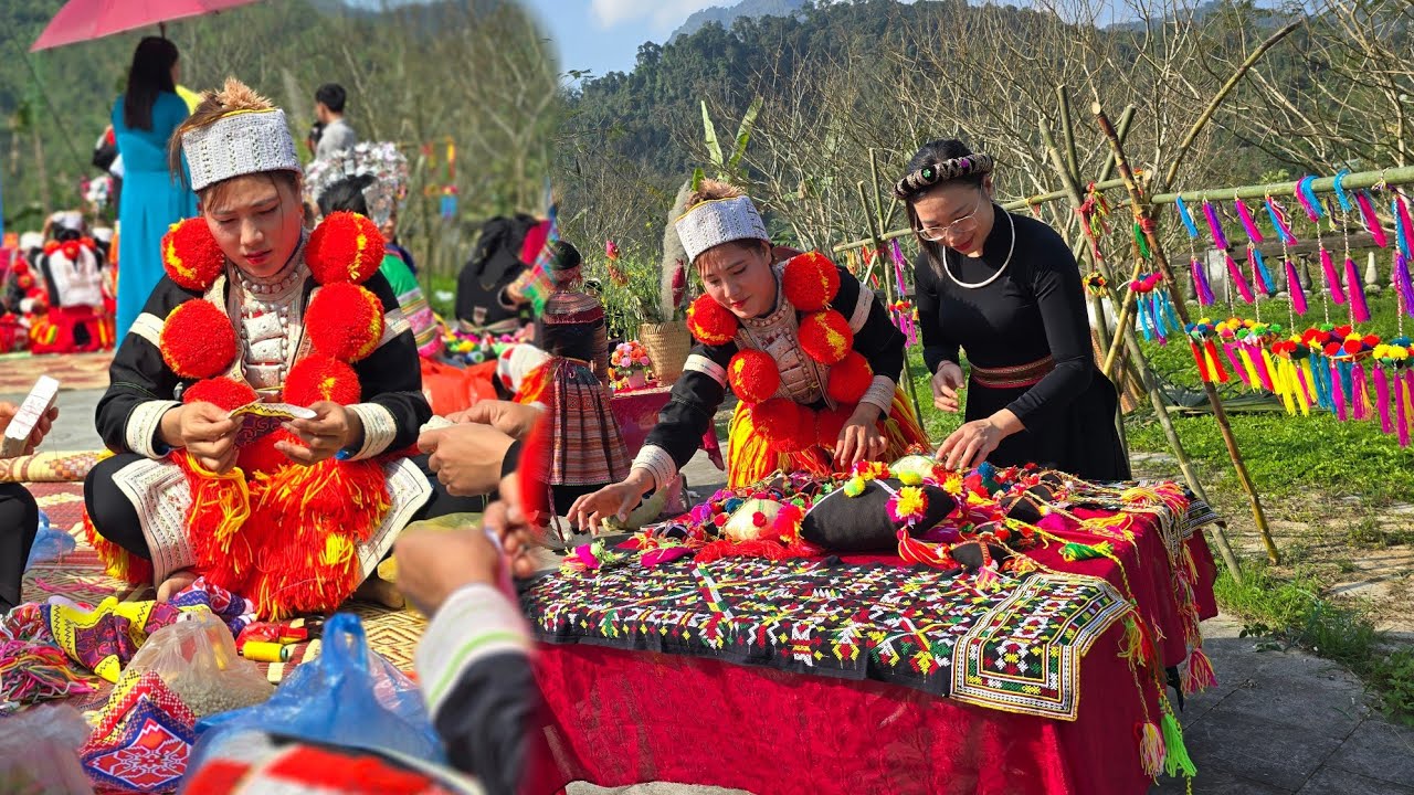 The girl participates in the traditional embroidery competition during the local festival.