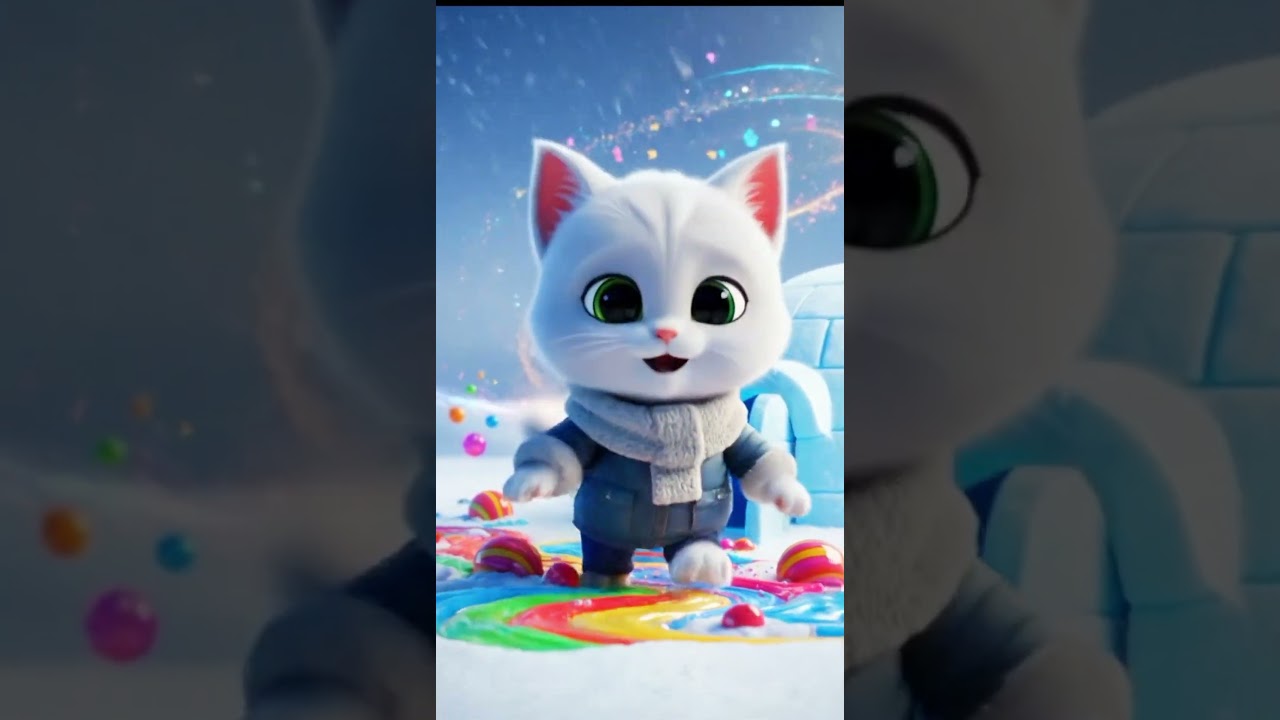 Baby cat’s magical adventure from snowy igloo to candy world! 🍭🐾” 