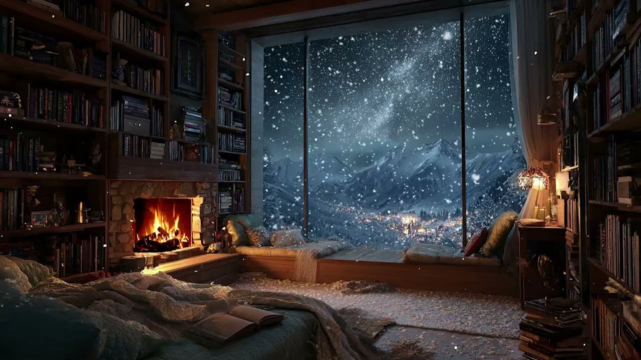 Silent Snow Cabin Night | Fireplace Crackling and Soft Falling Snow for Deep Sleep