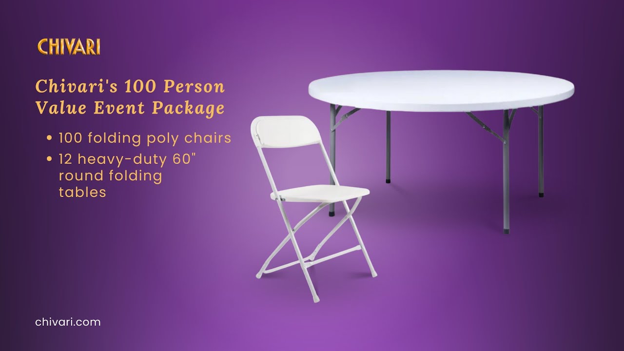 100 Folding Poly Chairs + 12 Heavy Duty Plastic 60" Round Folding Tables | Chivari