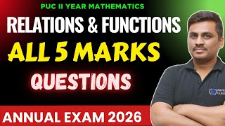 RELATIONS AND FUNCTIONS 5 marks important questions class 12 || 2nd PU 5 marks questions on ch.no 1