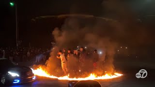 VIDEO: Illegal Vallejo sideshow shows people in 'ring of fire' as cars do donuts around them
