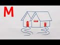 How to draw a house from m letter  easy house drawing