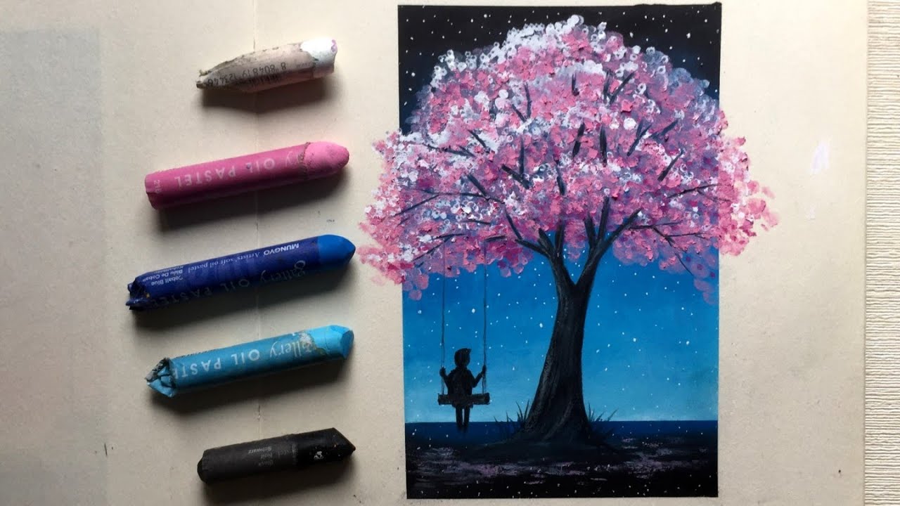 Easy Oil Pastel Drawing / Chillin under Cherry blossom tree YouTube