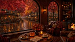 Halloween Autumn Coffee Shop Ambience | Rainy Window, Warm Fireplace & Gentle Jazz for Study & Work