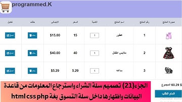 الجزء(21)الجزء الثاني تصميم سلة الشراء واسترجاع المعلومات من قاعدة البيانات واظهارها داخل  cart php