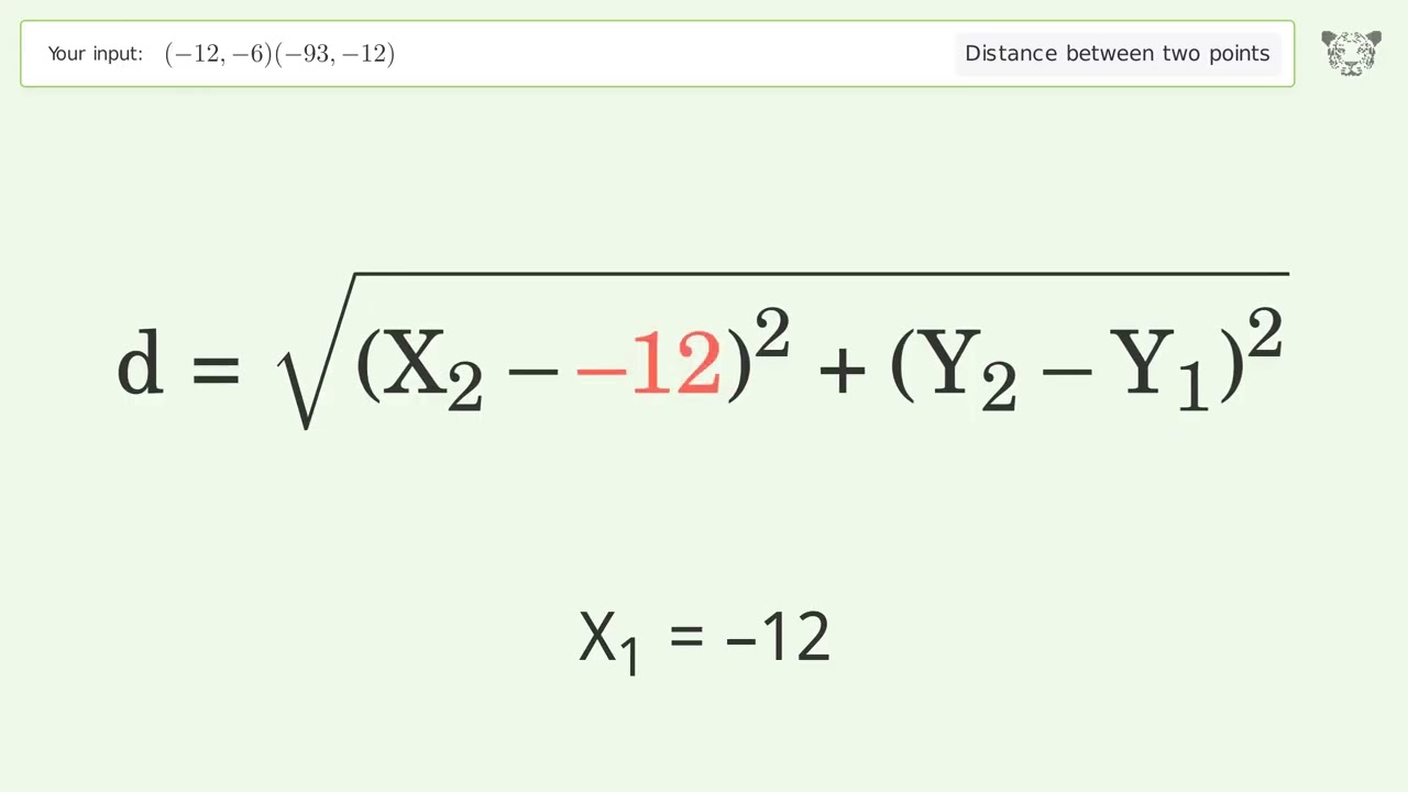 Find the distance between two points p1 (-12,-6) and p2 (-93,-12): Step-by-Step Video Solution