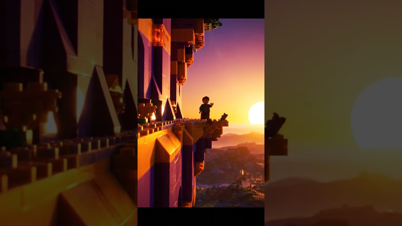 A cinematic LEGO cliffside sunset of orange purple plates glowing  a lone minifigure silhouetted as
