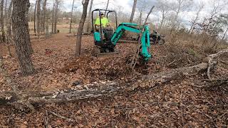 MINI EXCAVATOR DIGGING UP TREES AND LIFTING HEAVY LOGS