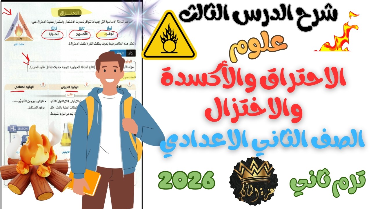 شرح  الدرس الثالث الاحتراق والأكسدة والاختزال – علوم الثاني الإعدادي ترم ثاني 2026