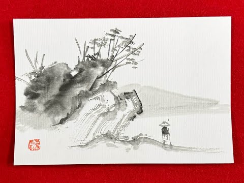 墨絵 海と人物 Fisherman on a boat Japanese style original sumi-e ink painting
