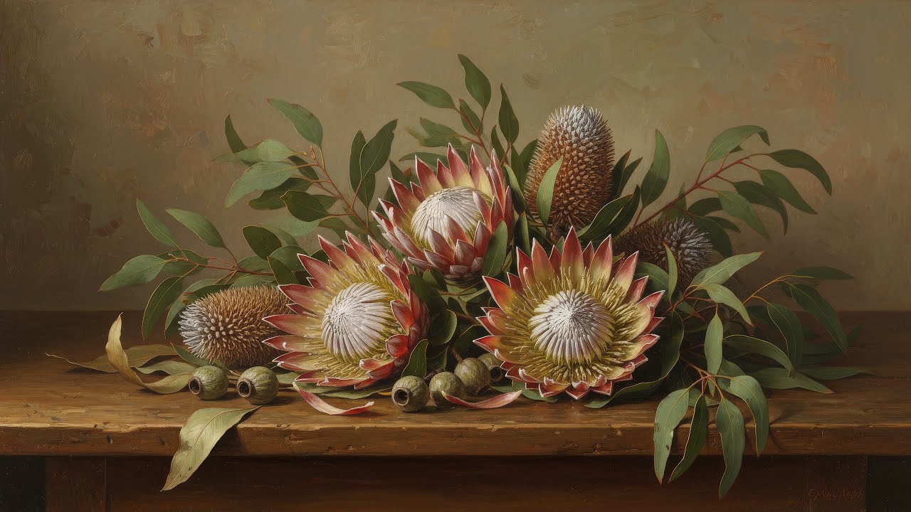4K Art Screensaver - Exotic Protea & Banksia Botanical Still Life - Rustic Floral Art