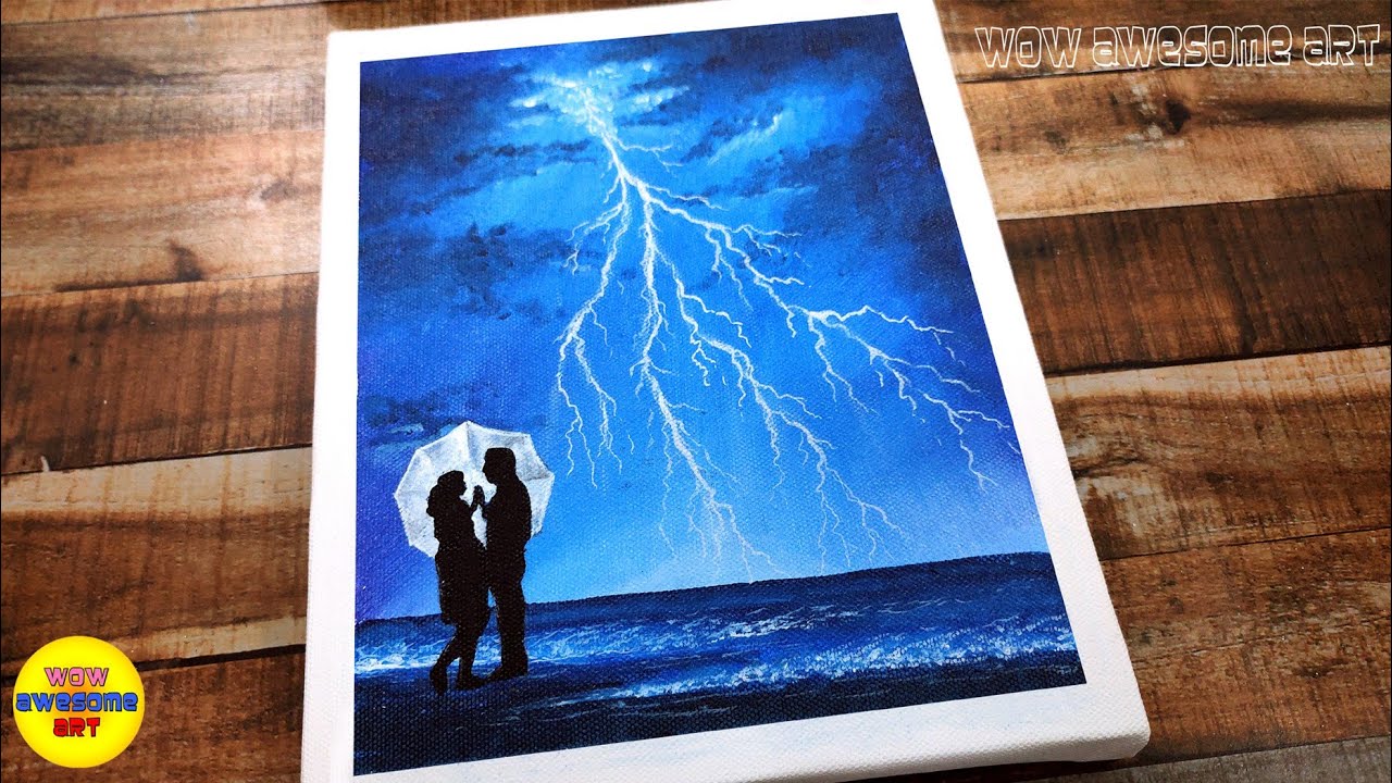 Drawing Challenge #32｜Acrylic Painting｜Romantic couple on the sea beach in lightning & thunderstorm