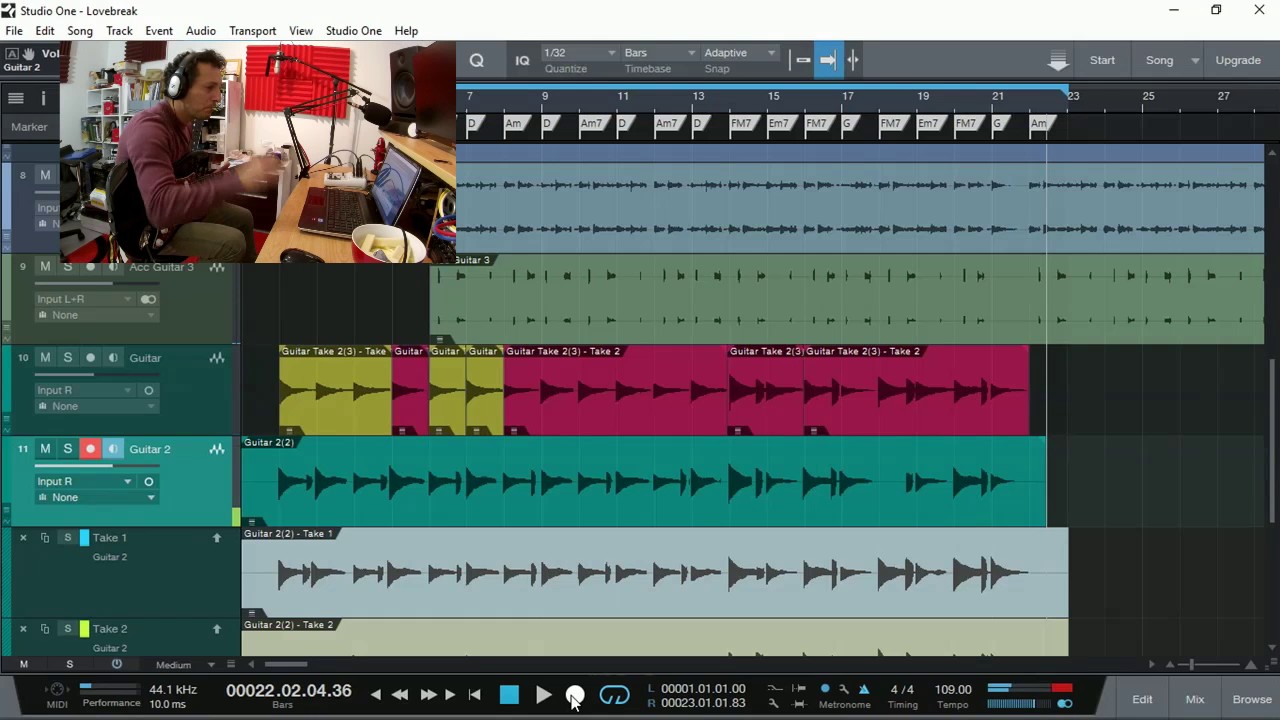 Recording guitars for song 'Lovebreak' in Studio One Prime