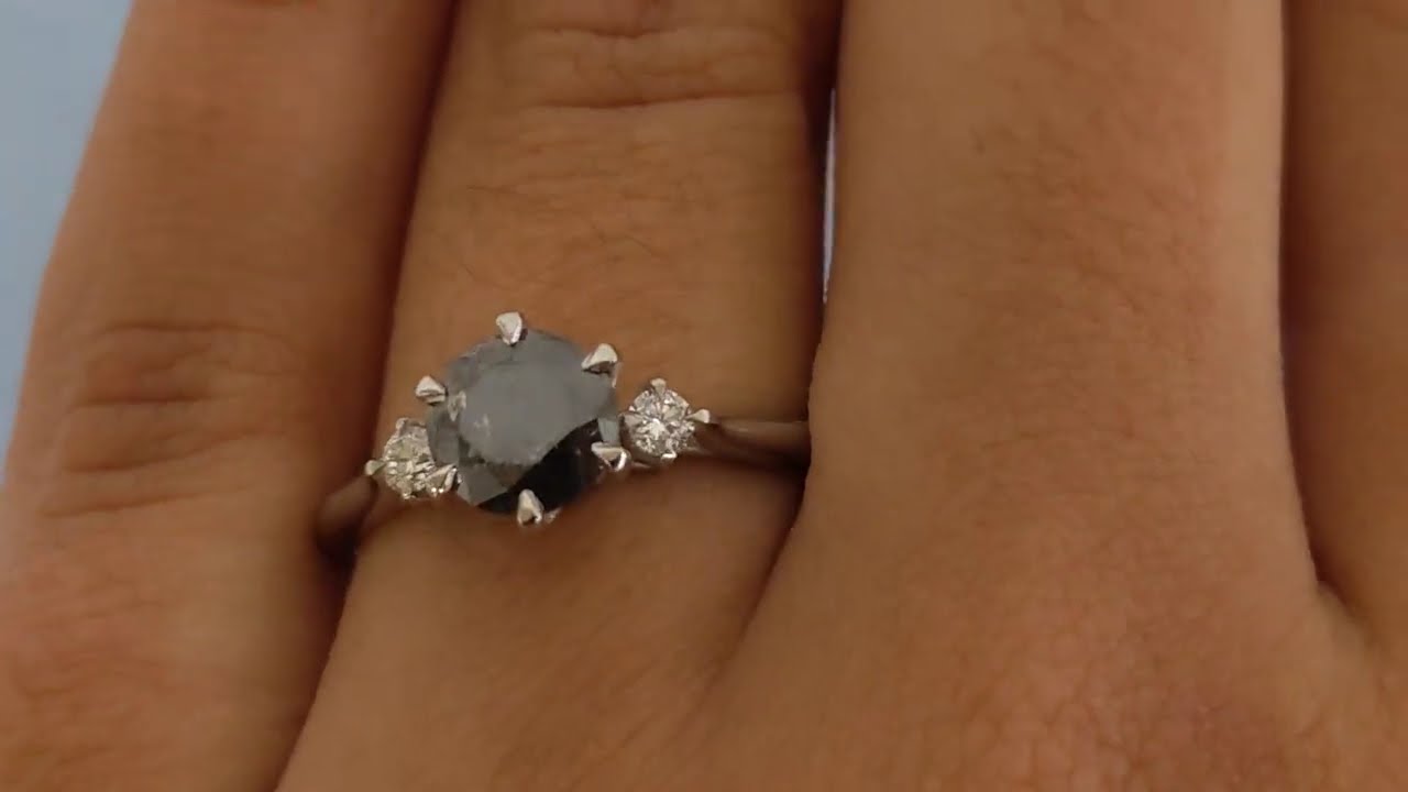 Round Salt and Pepper Diamond Engagement Ring, Three stone Diamond Rings for Women