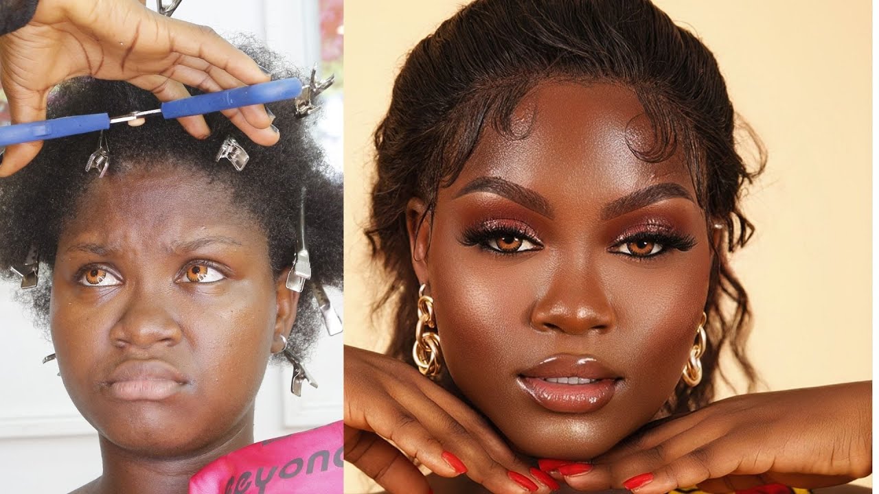 BRIDE🍫 MELANIN DARK SKIN BRIDAL MAKEUP AND HAIR TRANSFORMATION ❤️ BEYONCE HAIR