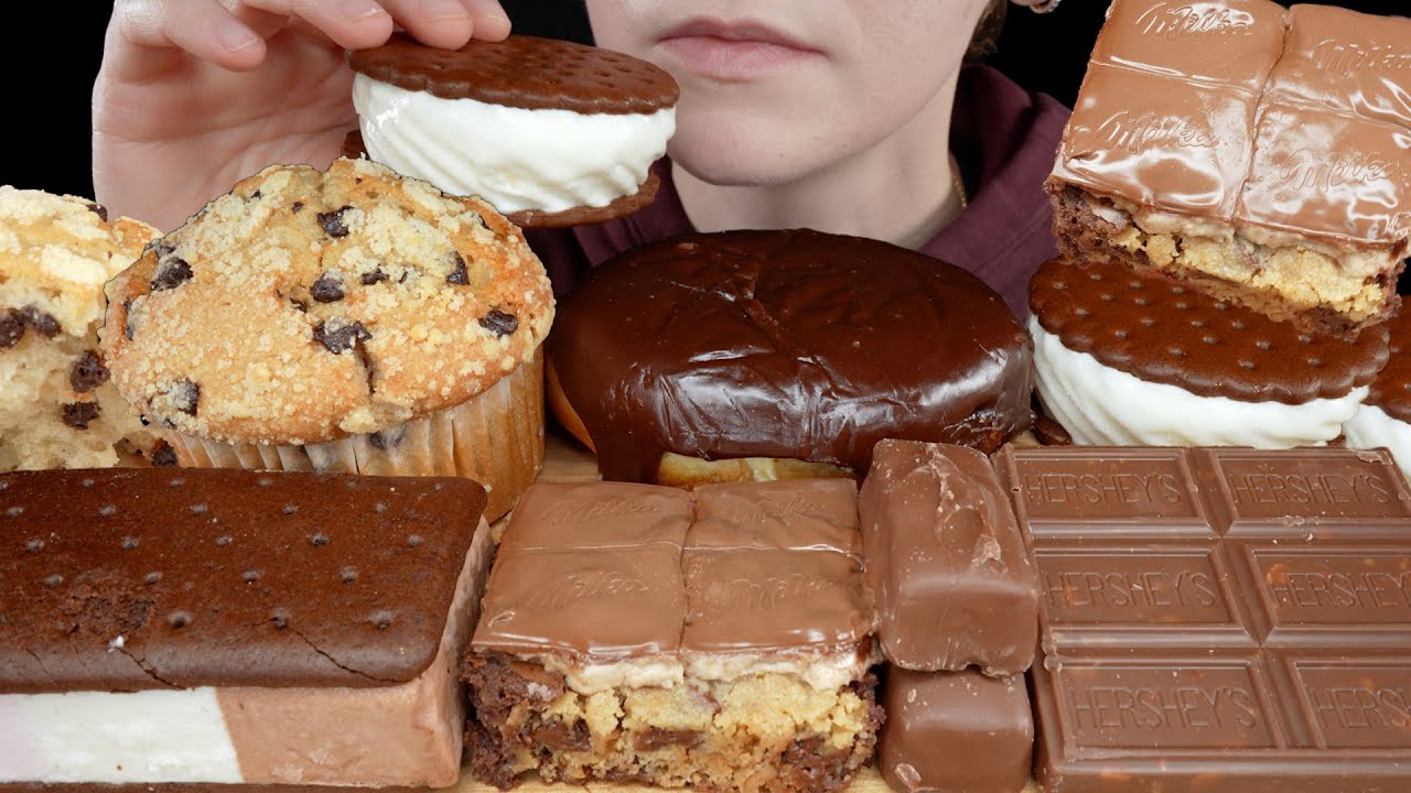 ASMR Milka Chocolate Brownie, Snickers Almond, Bavarian Cream Donut, Muffin, Ice Cream, Hershey's