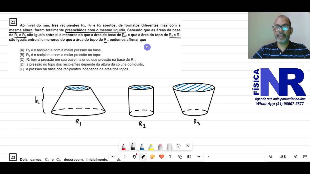 Resolução EsPCEx 2024 Questão 22 prova A. Ao nível do mar, três recipientes R1, R2 e R3 abertos, de
