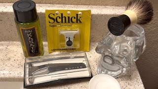 Vintage Schick Adjustable Band Razor, Hai Karate Aftershave, EJ Soap, Ever-Ready Brush