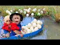 Baby monkey goes boat to collect duck eggs to help dad