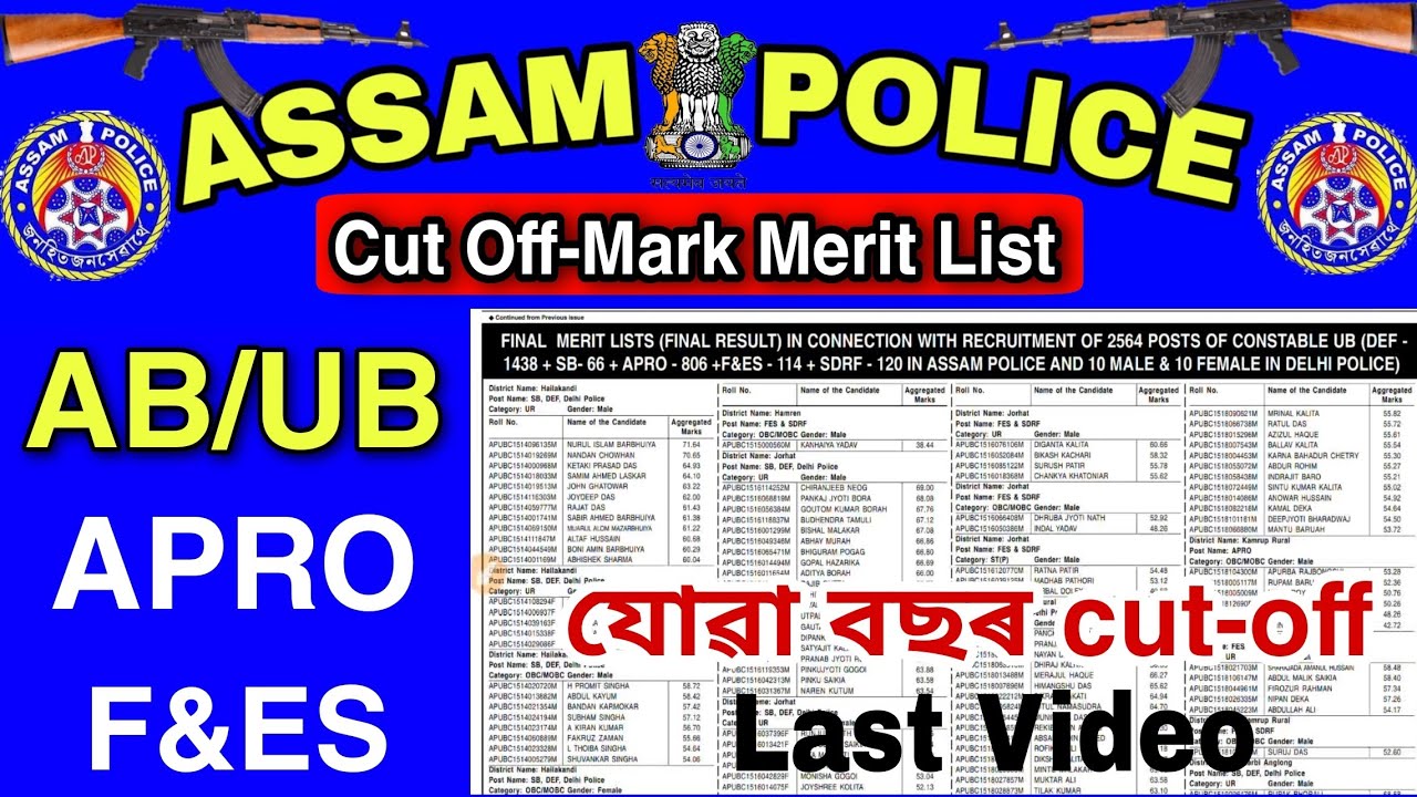 Assam Police AB or UB, APRO, F&ES Cut-off Marks Merit List All District