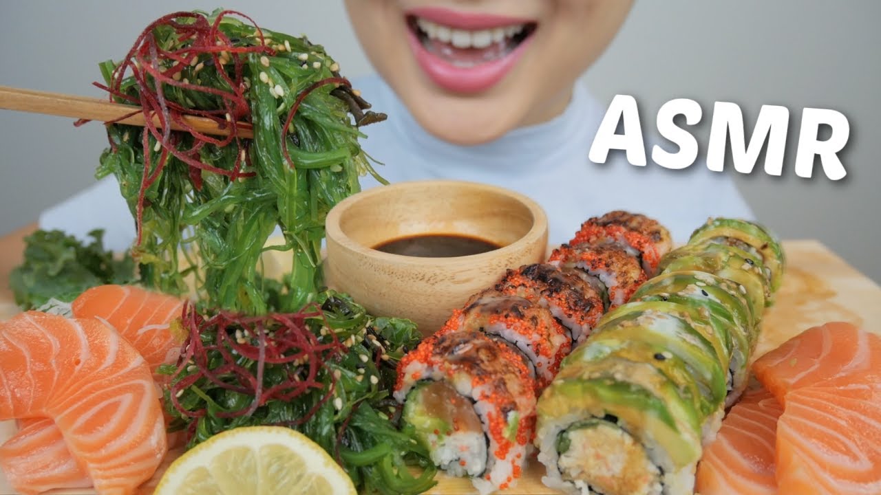 ASMR SUSHI *Soft Whisper Food Sounds SALMON SASHIMI, CATERPILLAR ROLL and ABURI TOBIKO ROLL | N.E