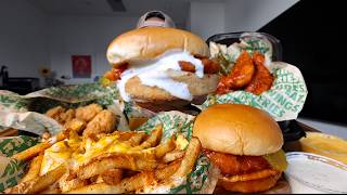 EATING CHEESY WINGSTOP LOUSIANA VOODOO FRIES, CHICKEN TENDERS, FRIED CHICKEN SANDWICH