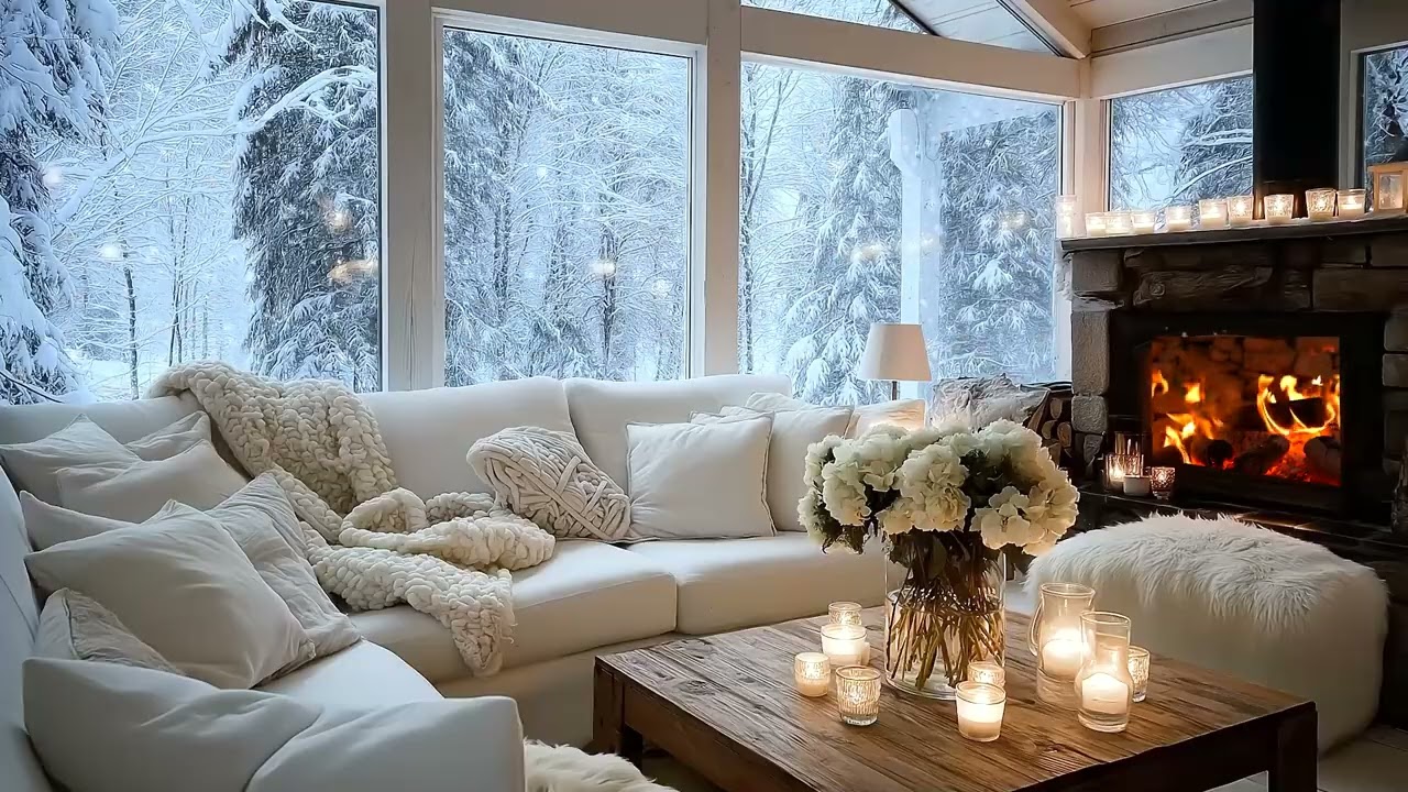 🤍🔥 Cozy Winter Piano Music | White Room Fireplace Warmth & Soft Snow Falling for Sleep