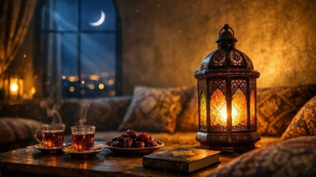 Ramadan Relaxing TV Frame 🌙✨ | Peaceful Night Ambience, Crescent Moon & Reflection