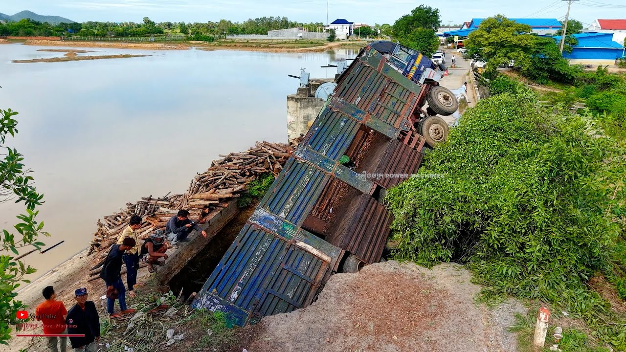 WOW Incredible PIT! Heavy Trucks Wood Landslide​ Road and Amazing Recovery by Two Truck Crane 80 TON