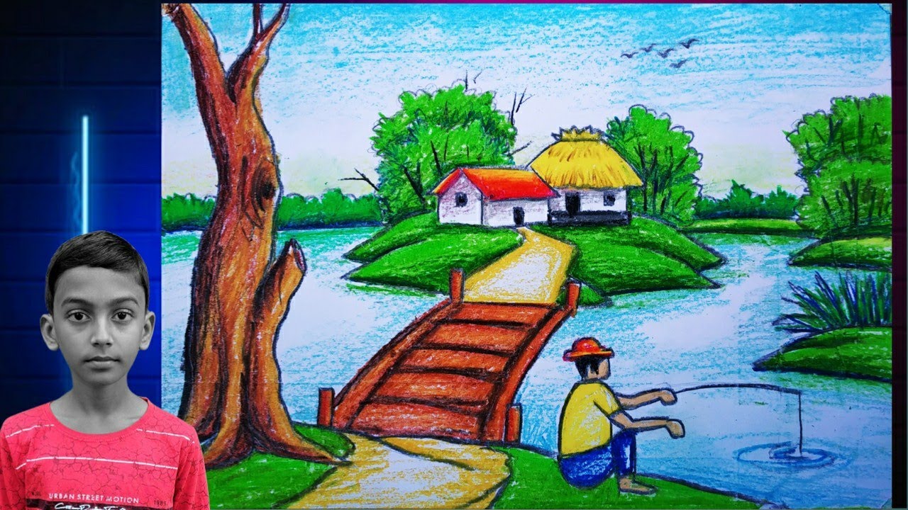 How to draw a village scenery step by step || House, bridge and fishing ...