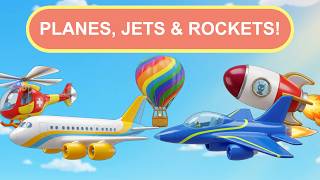 Learn Flying Vehicles for Kids! ✈️ Airplanes, Helicopters, Fighter Jet & Rocket | Jiggly Beans