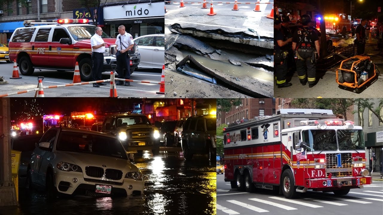 ambulance near me Fire trucks responding - Sinkhole swallows car + floods New York