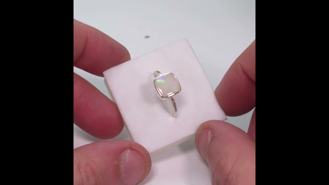 Square Solid White Opal Ring in Sterling Silver | Handmade Coober Pedy Opal Jewellery