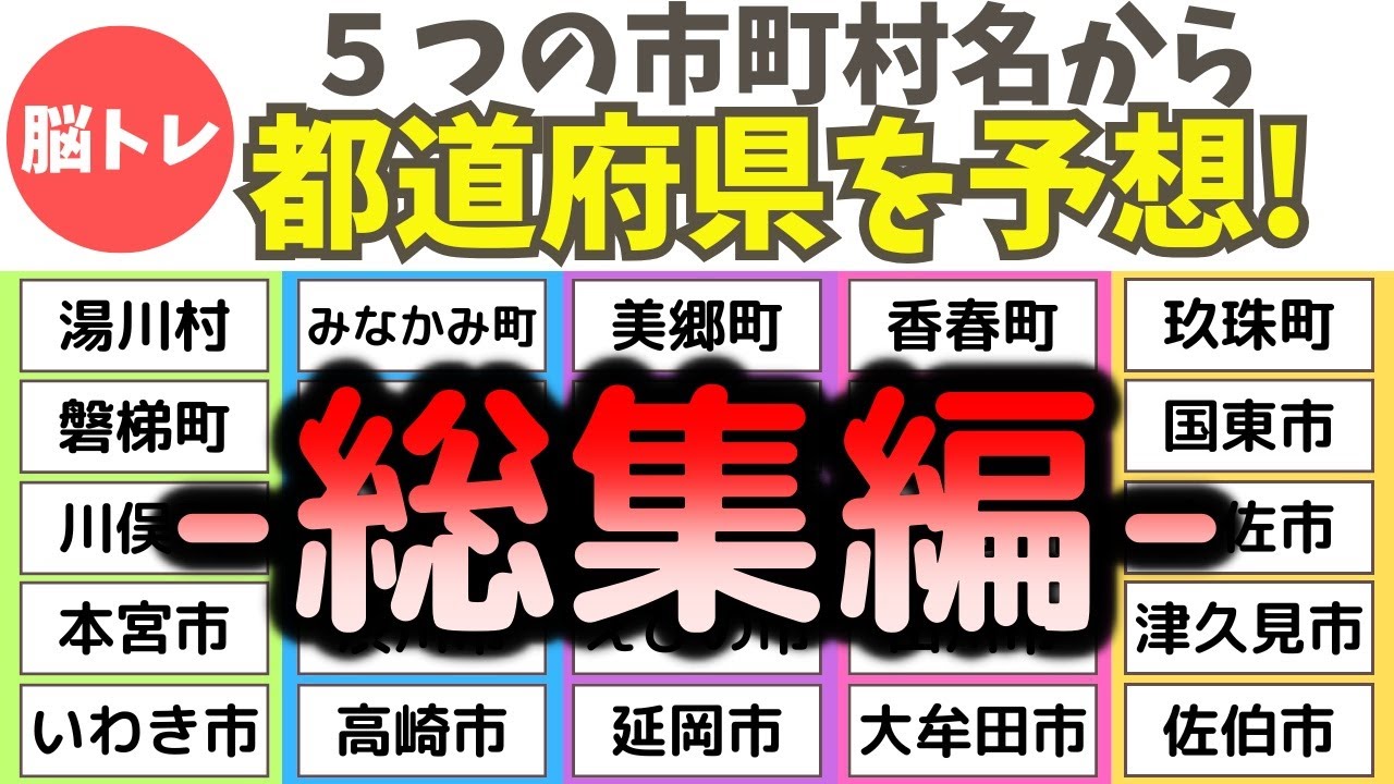総集編【都道府県クイズ】5つの市町村名から都道府県名を当てましょう！都道府県の雑学で楽しく脳トレしましょう！
