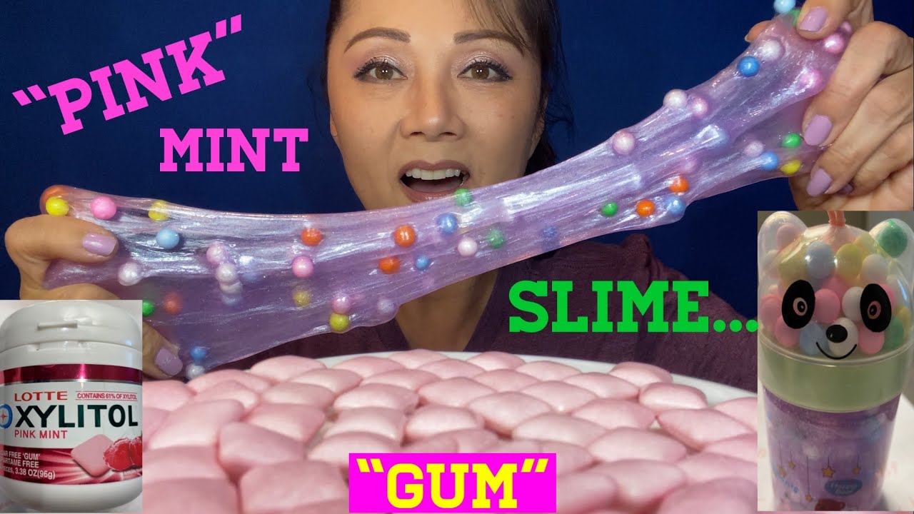 ASMR PINK MINT XYLITOL KOREAN GUM — PURPLE SLIME WITH RAINBOW FOAM