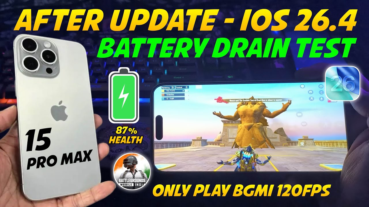 iPhone 15 Pro Max iOS 26.4 Battery Drain Test 🔋 BGMI 120FPS Gameplay ...