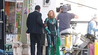 Brie Larson And Samuel L. Jackson Young Nick Fury Film Scene For Captain Marvel