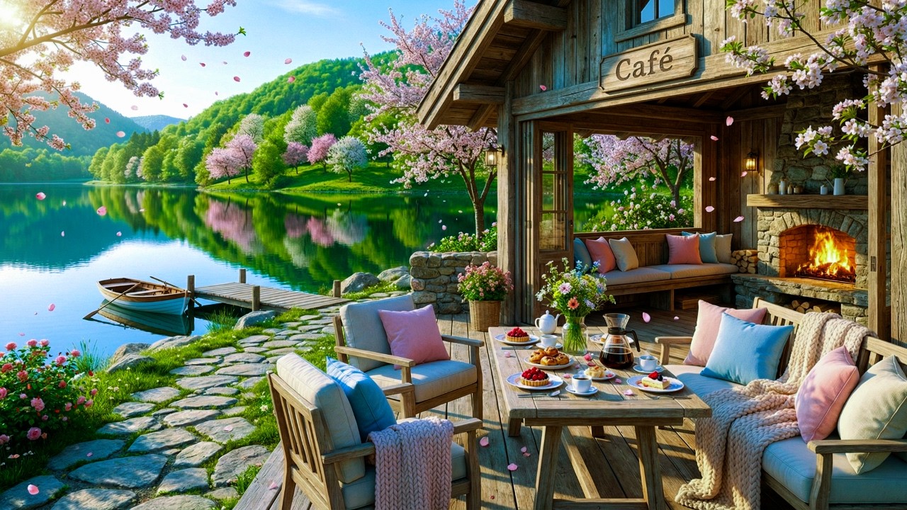Refreshing Spring Coffee Shop Scene with Smooth Jazz Piano for Relaxing Study Time