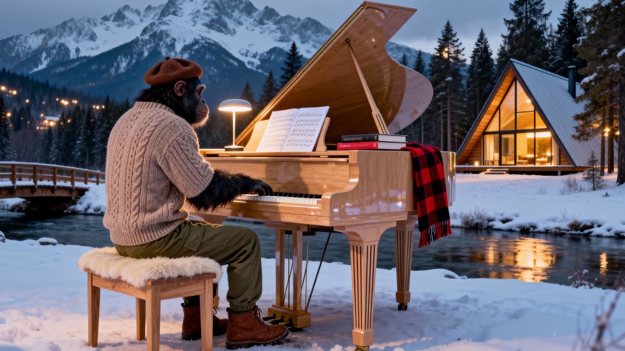 Snowy Mountain Cabin Piano ❄️ Chimp Serenade | Calm Music for Sleep, Study & Relaxation 🌙