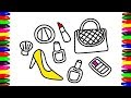 Coloring Pages for kids Videos| Girls Cosmetics Accessories Bag,Shoes,Make up Learning Fun Art