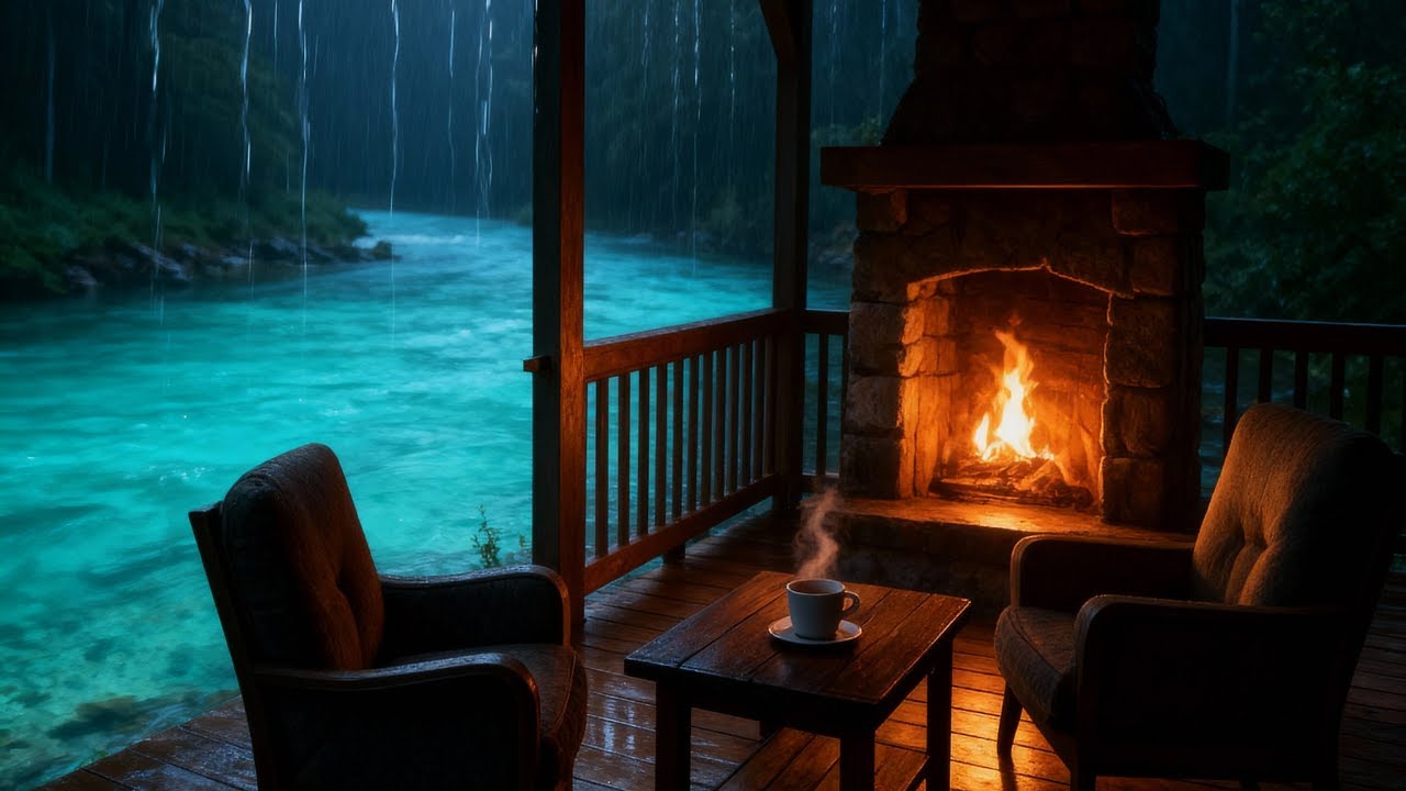 Cozy Rainy Night by the Fireplace ⛈️ Rain Sounds & Thunder for Deep ...