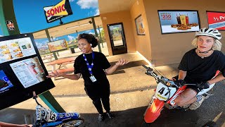 WE SHOWED UP TO HER JOB ON DIRTBIKES!!